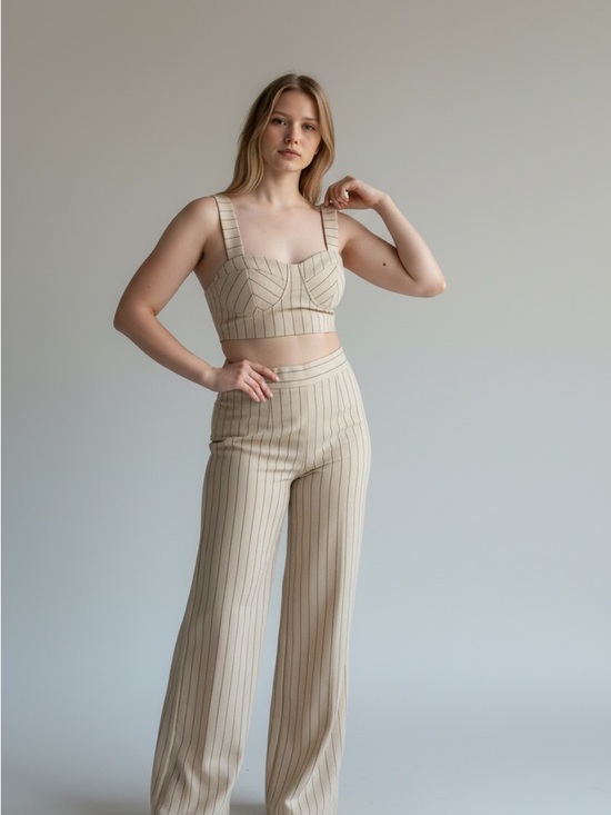 Pants - Striped Cream High-Waist Wide-Leg Pants